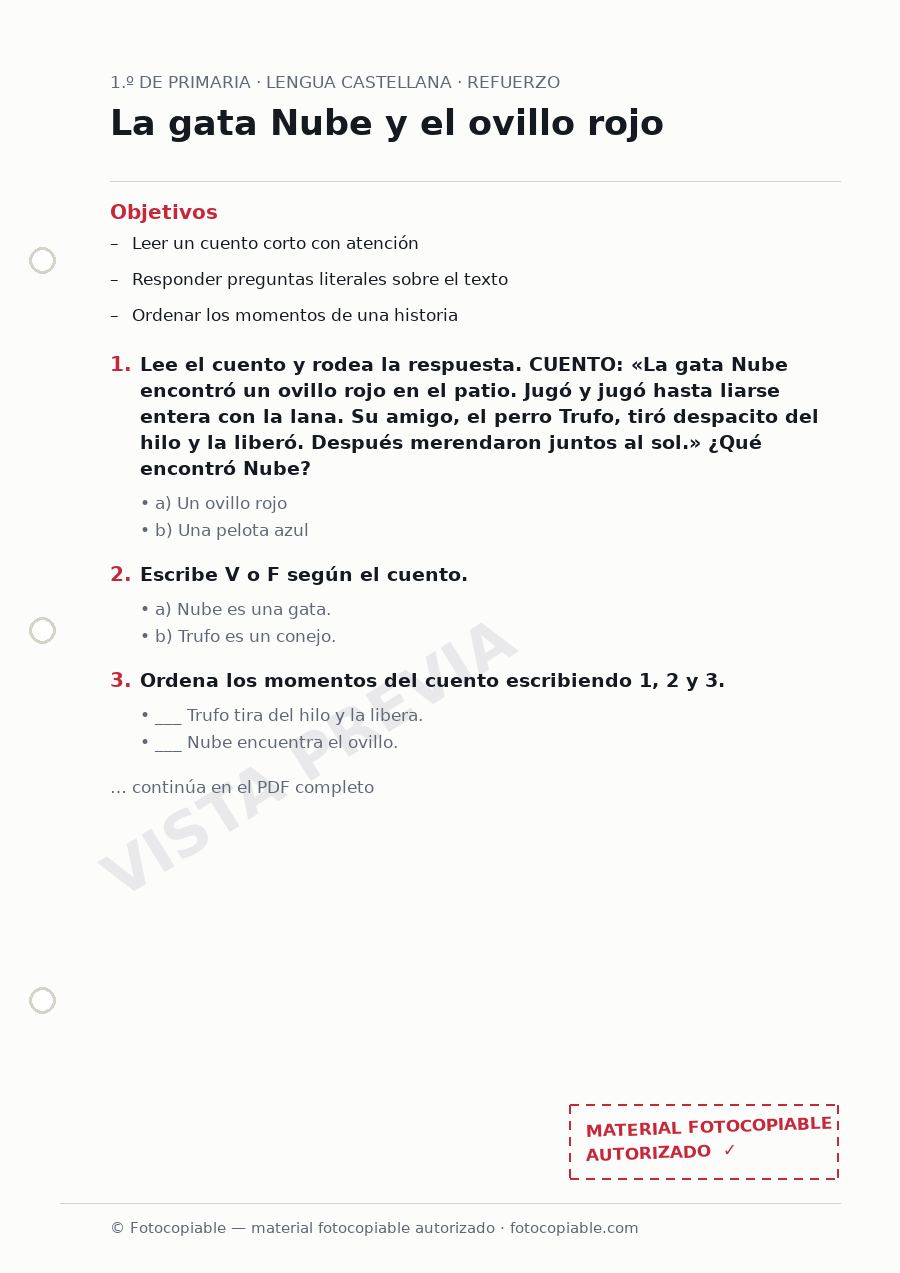 Vista previa de la ficha «La gata Nube y el ovillo rojo»