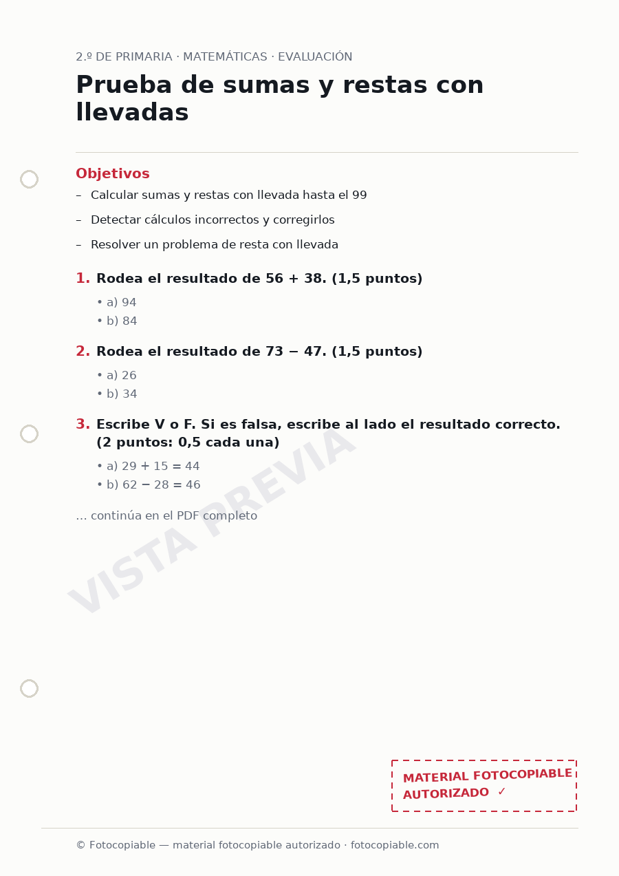 Vista previa de la ficha «Prueba de sumas y restas con llevadas»