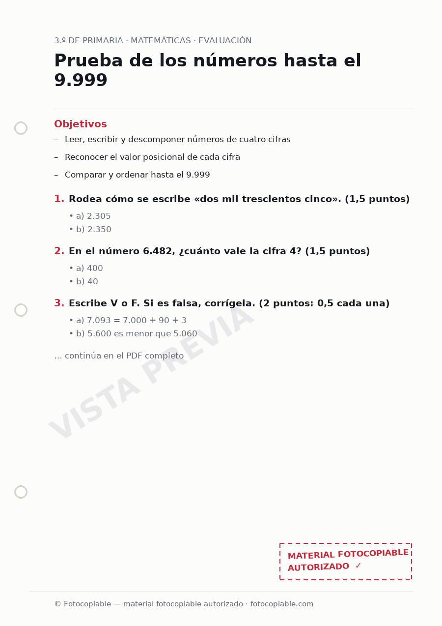 Vista previa de la ficha «Prueba de los números hasta el 9.999»