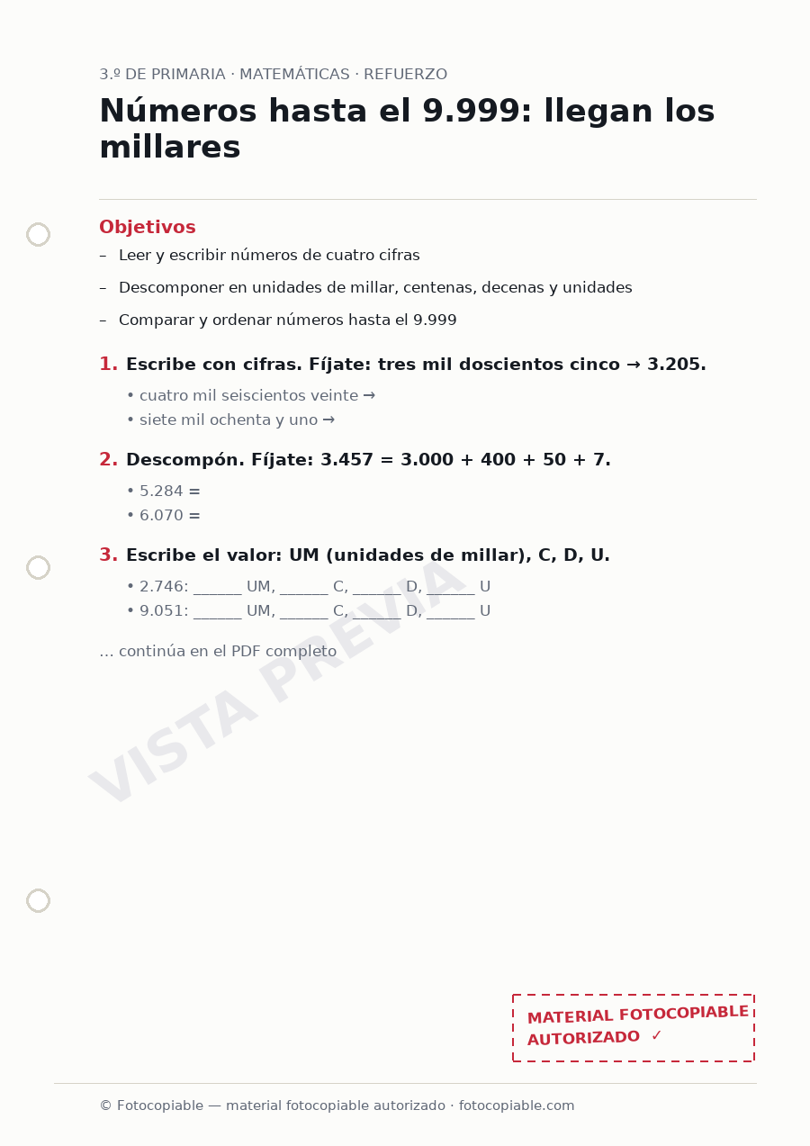 Vista previa de la ficha «Números hasta el 9.999: llegan los millares»