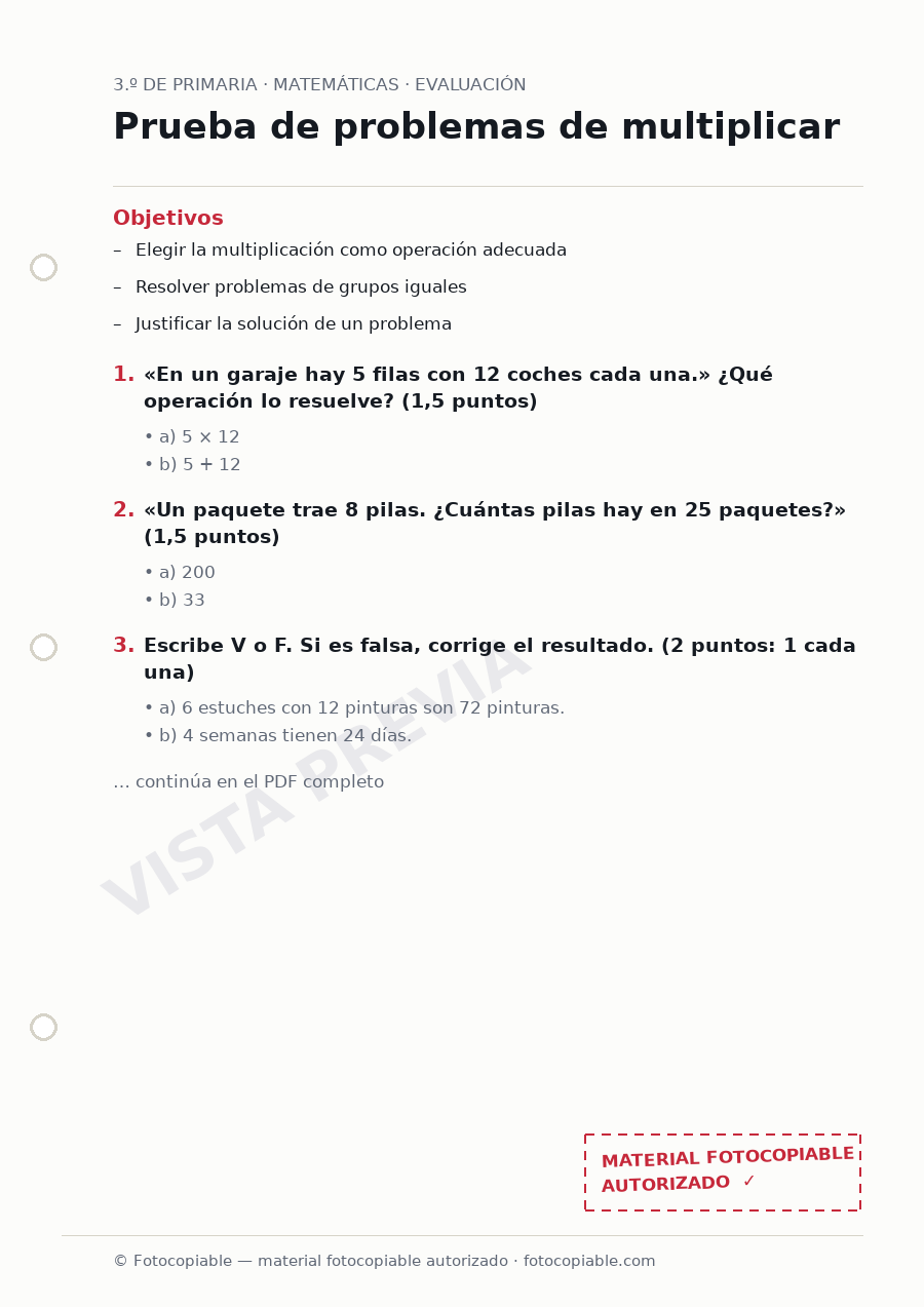 Vista previa de la ficha «Prueba de problemas de multiplicar»