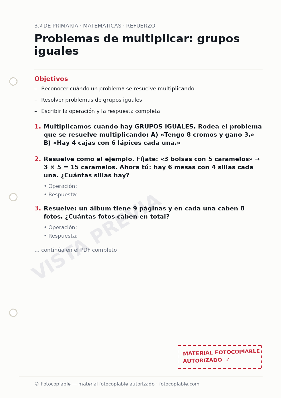 Vista previa de la ficha «Problemas de multiplicar: grupos iguales»