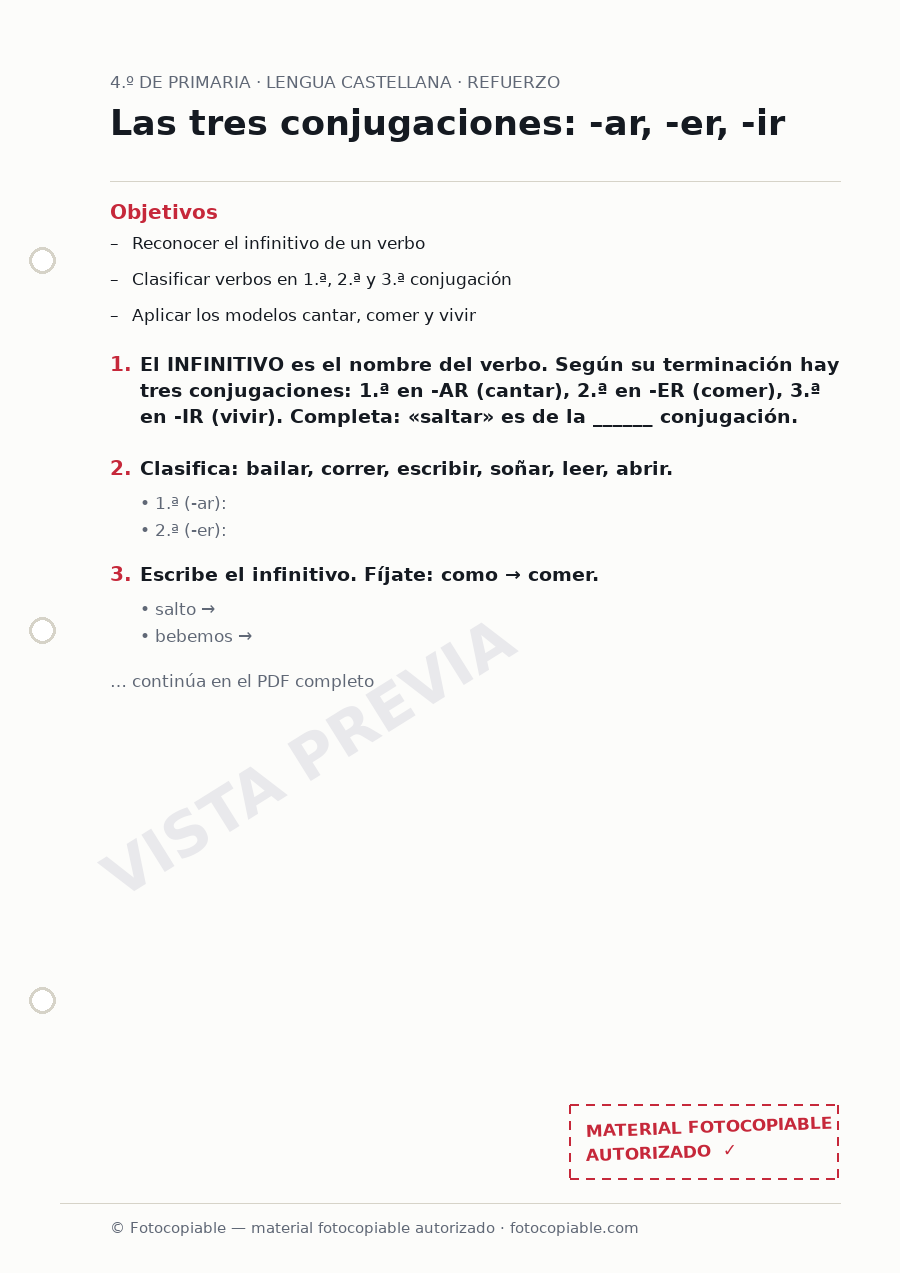 Vista previa de la ficha «Las tres conjugaciones: -ar, -er, -ir»