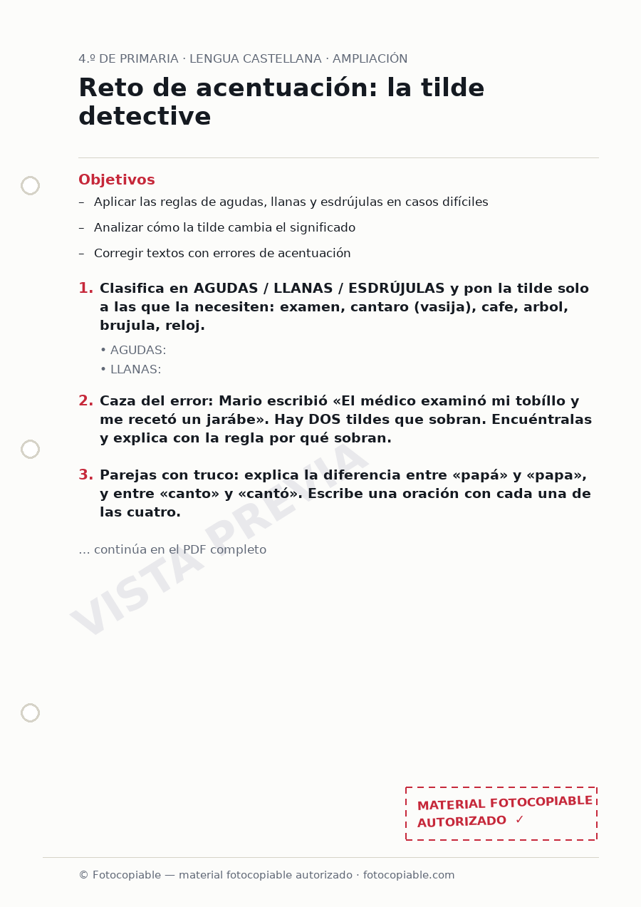 Vista previa de la ficha «Reto de acentuación: la tilde detective»