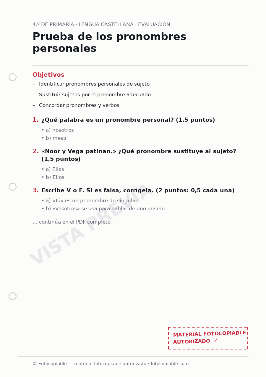 Vista previa de la ficha «Prueba de los pronombres personales»