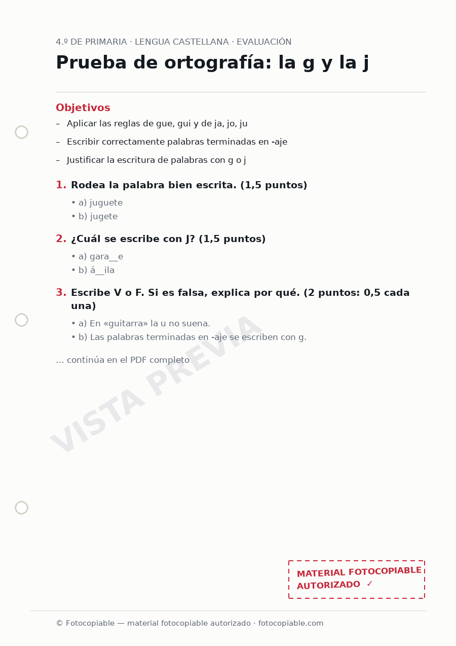 Vista previa de la ficha «Prueba de ortografía: la g y la j»