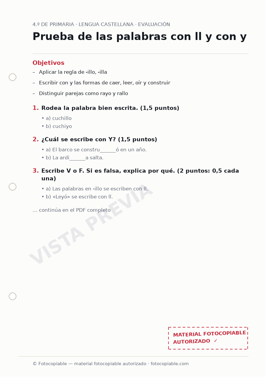 Vista previa de la ficha «Prueba de las palabras con ll y con y»