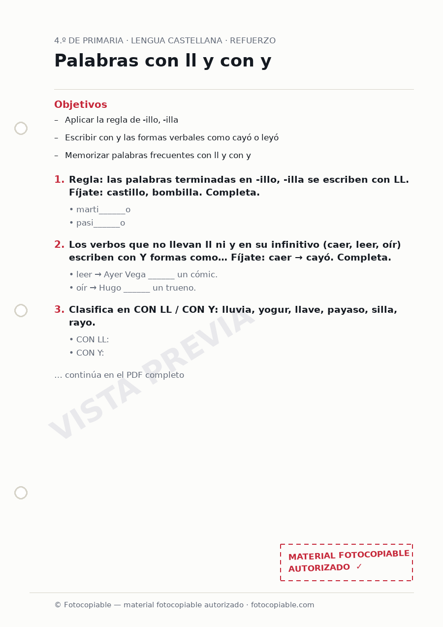 Vista previa de la ficha «Palabras con ll y con y»