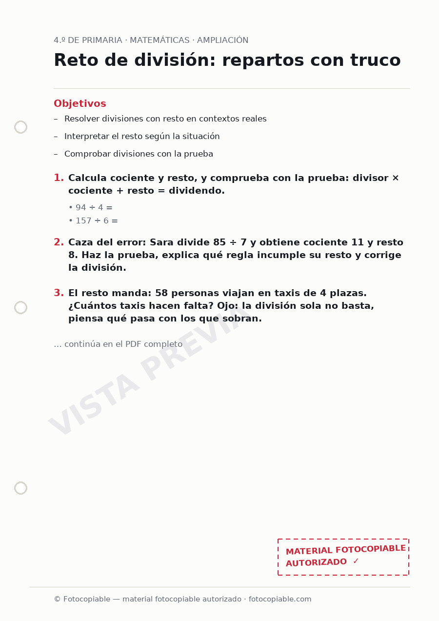 Vista previa de la ficha «Reto de división: repartos con truco»