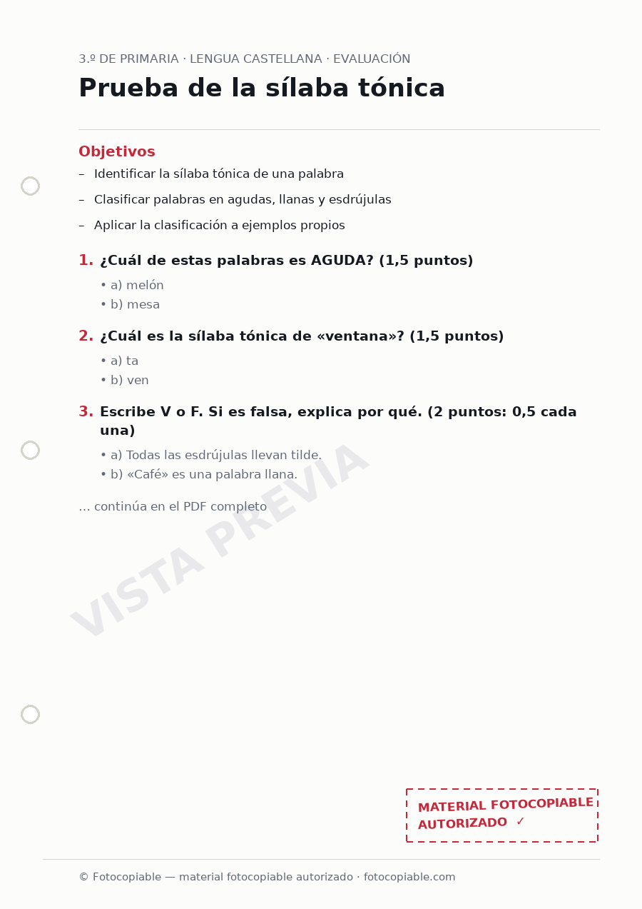Vista previa de la ficha «Prueba de la sílaba tónica»
