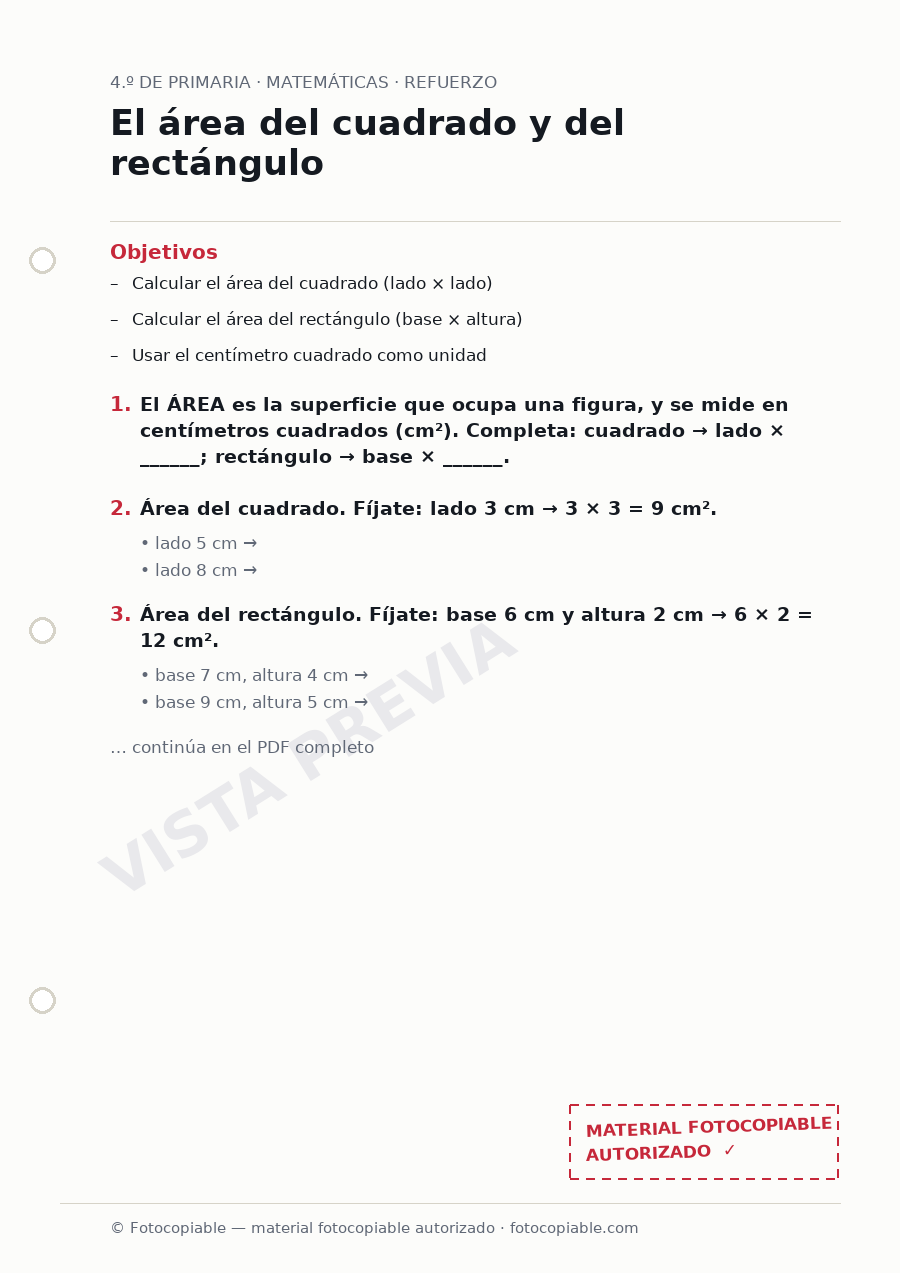 Vista previa de la ficha «El área del cuadrado y del rectángulo»