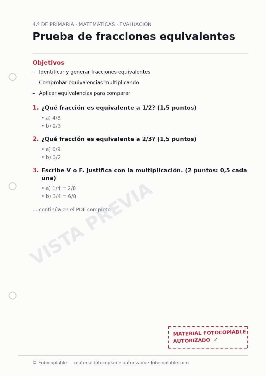 Vista previa de la ficha «Prueba de fracciones equivalentes»