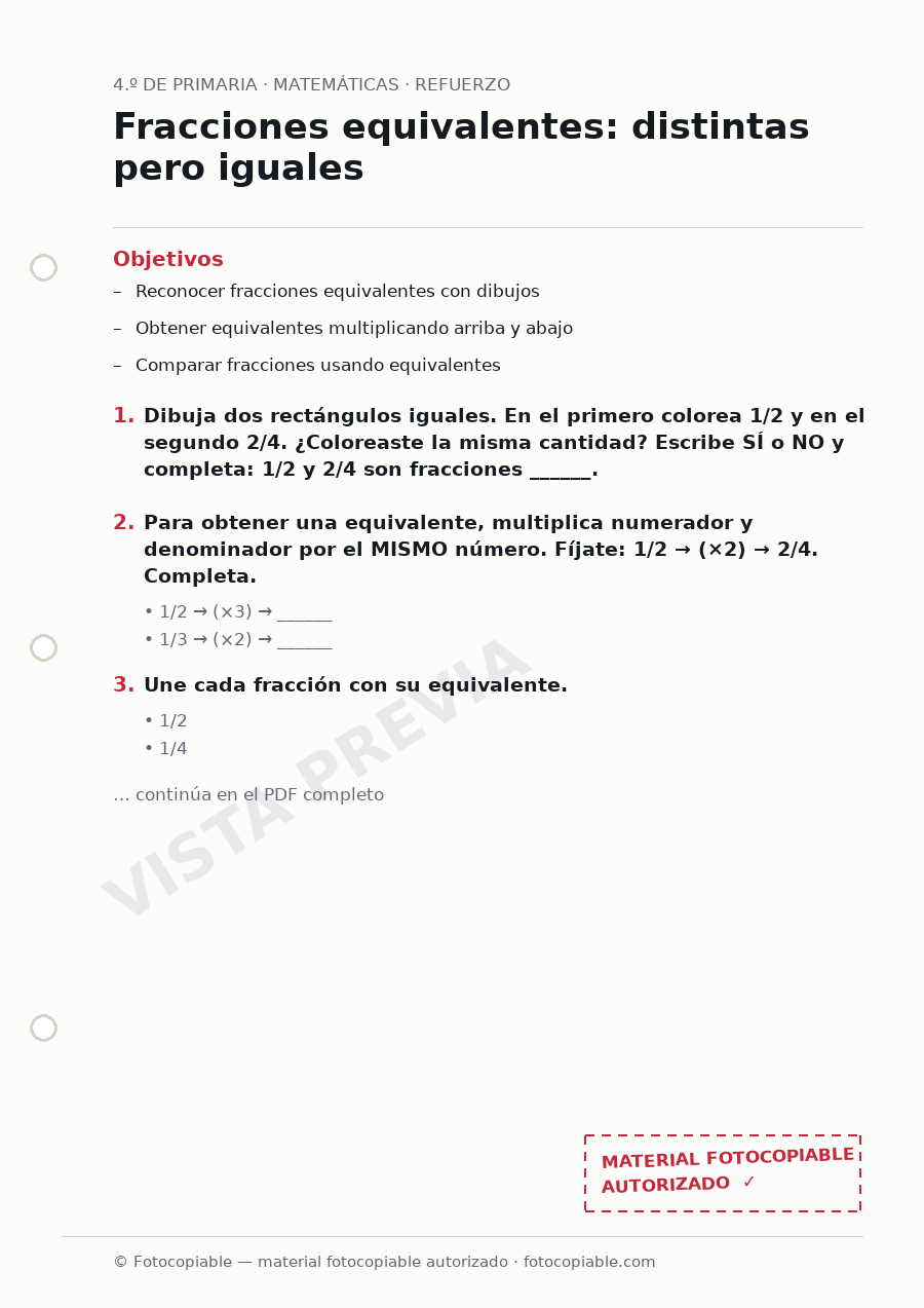Vista previa de la ficha «Fracciones equivalentes: distintas pero iguales»