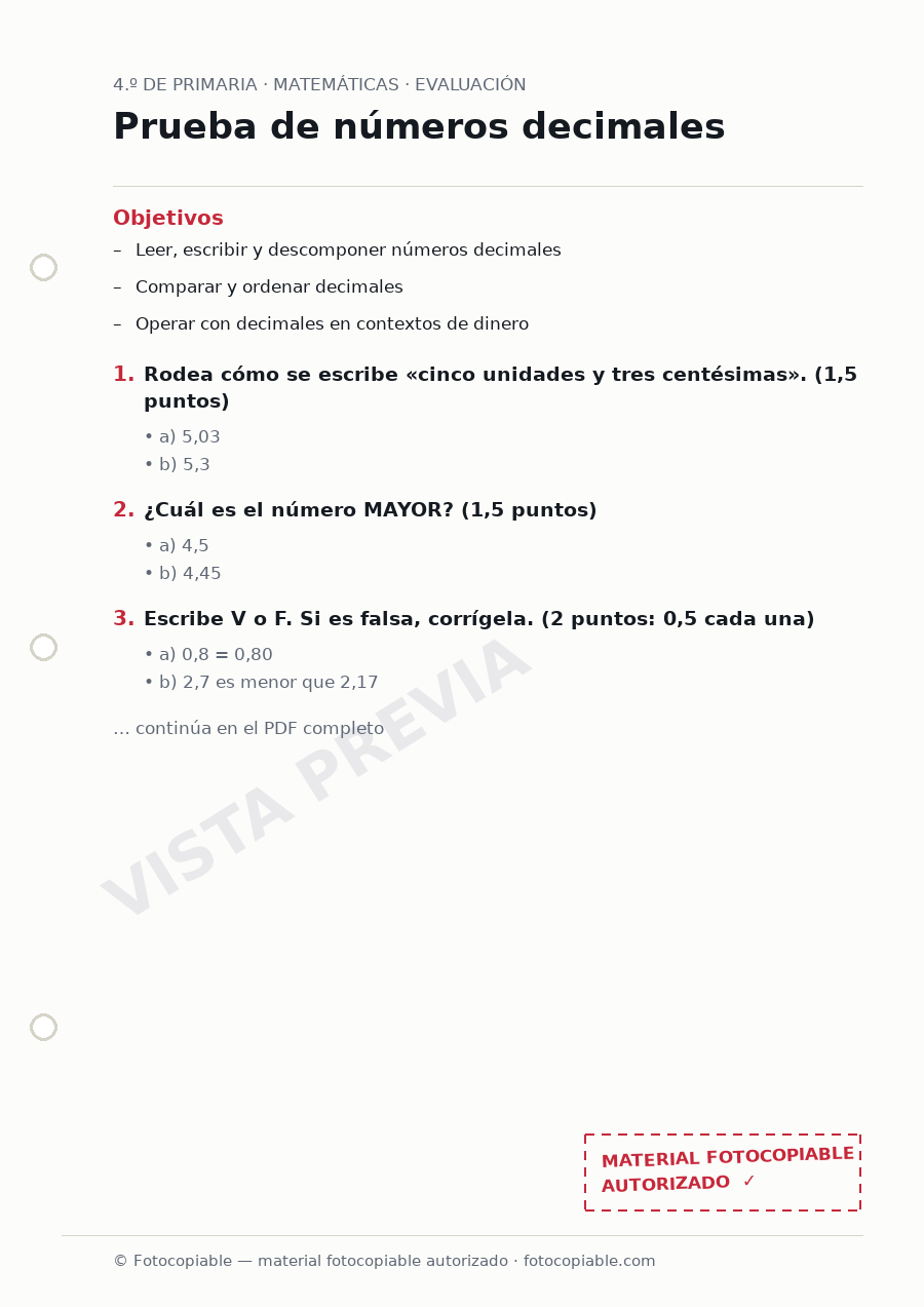 Vista previa de la ficha «Prueba de números decimales»