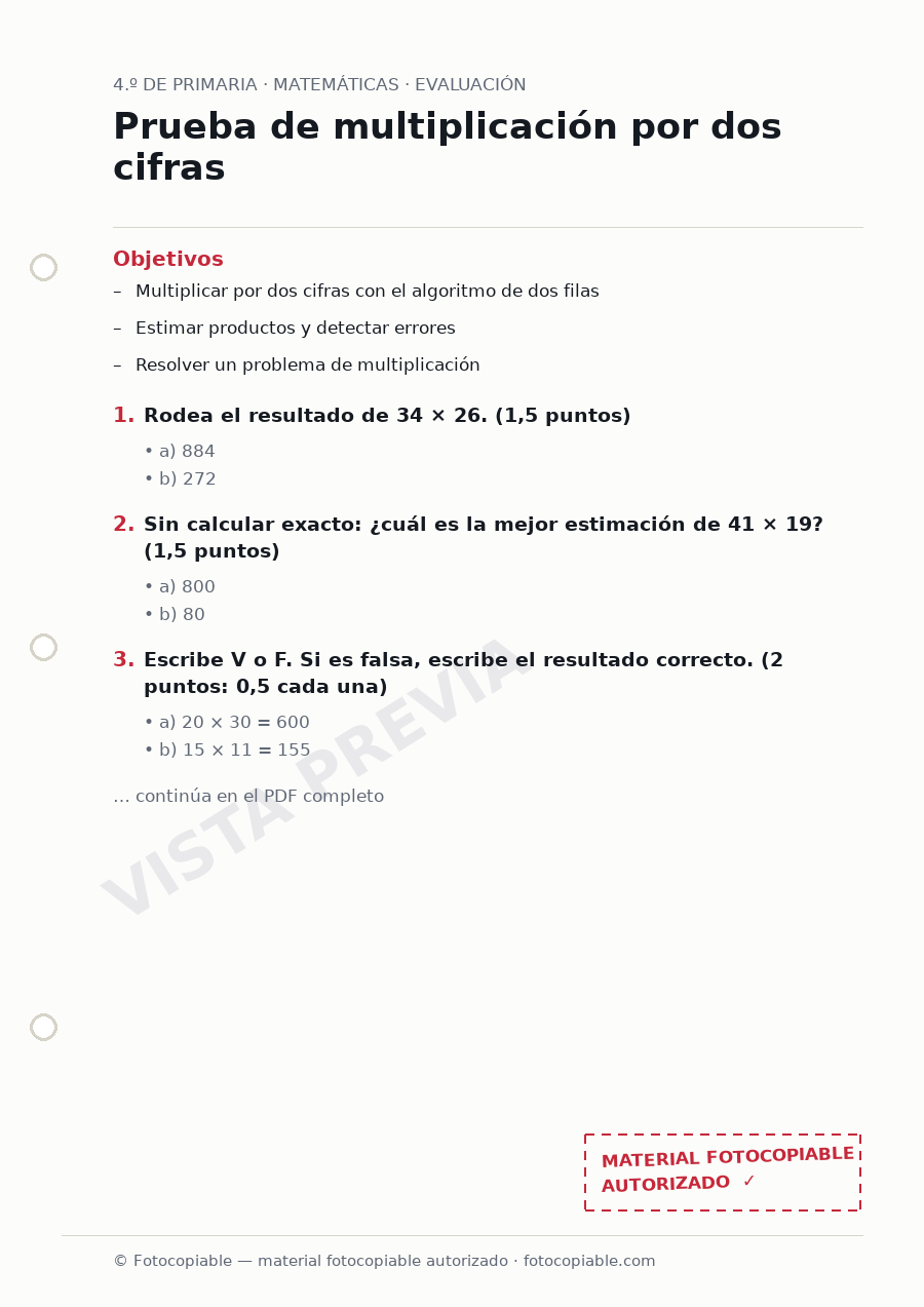 Vista previa de la ficha «Prueba de multiplicación por dos cifras»