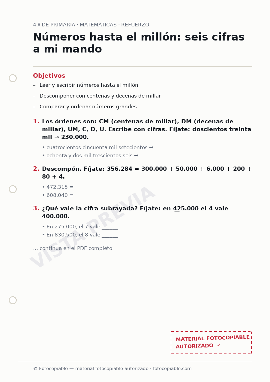 Vista previa de la ficha «Números hasta el millón: seis cifras a mi mando»