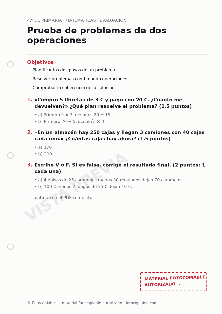 Vista previa de la ficha «Prueba de problemas de dos operaciones»
