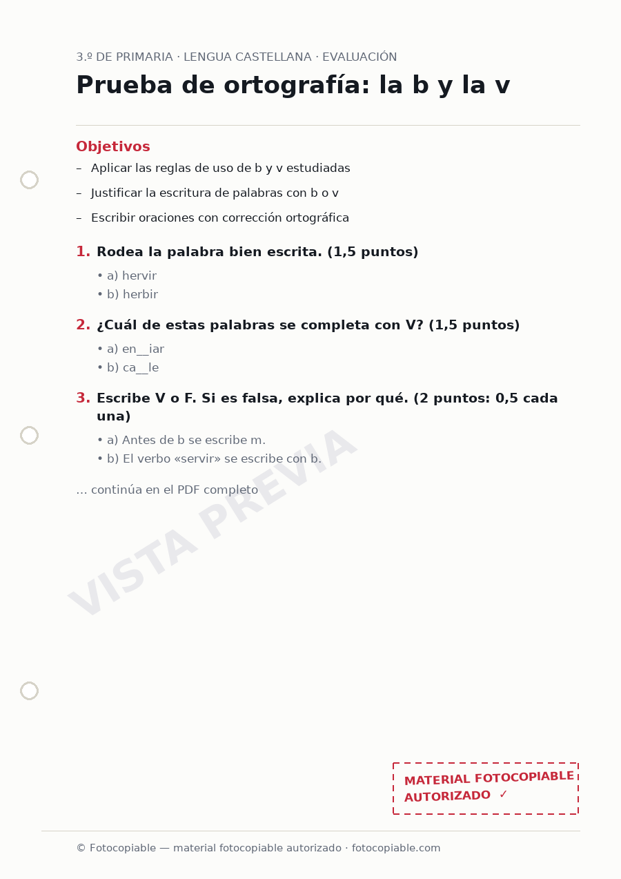 Vista previa de la ficha «Prueba de ortografía: la b y la v»