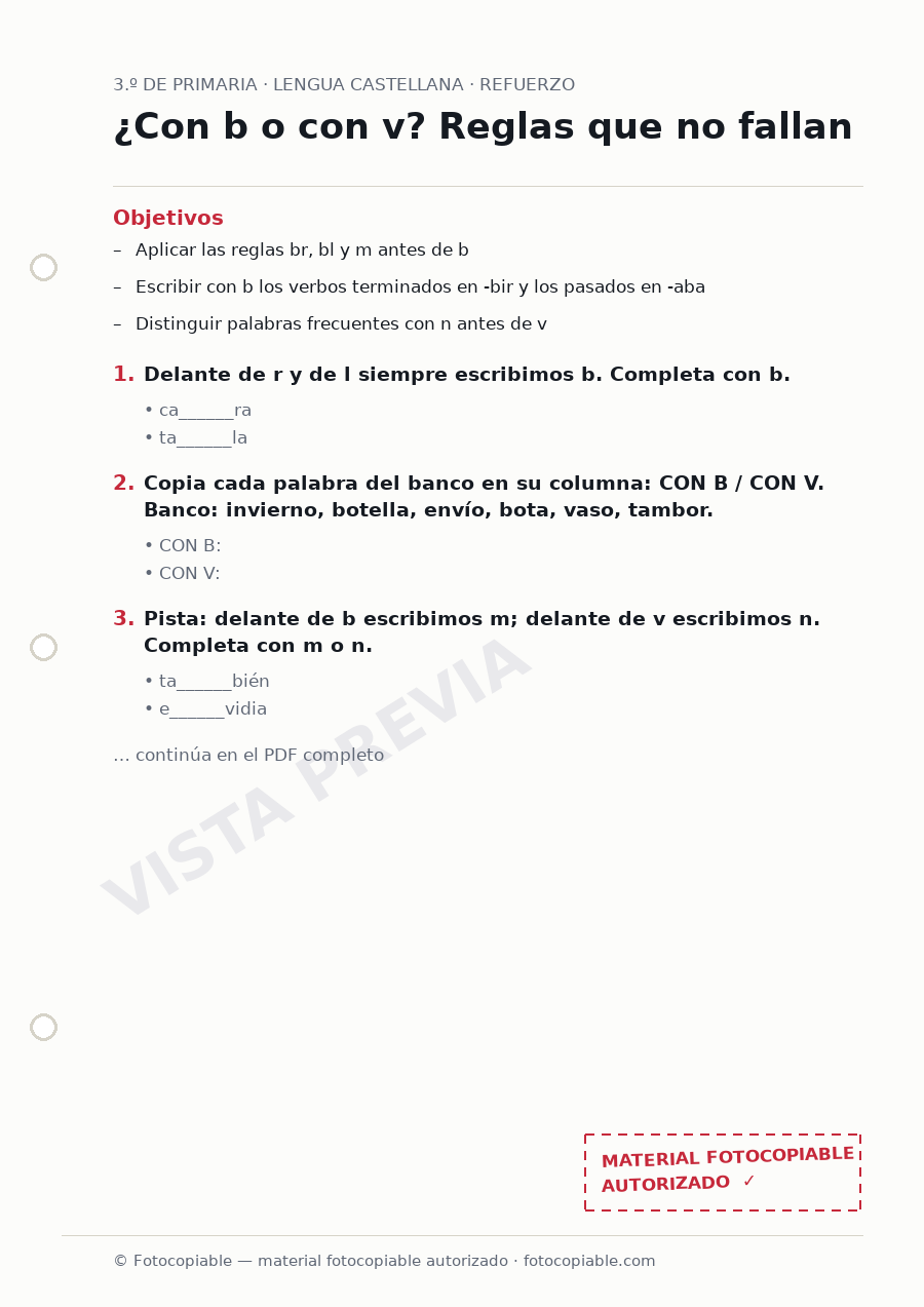 Vista previa de la ficha «¿Con b o con v? Reglas que no fallan»