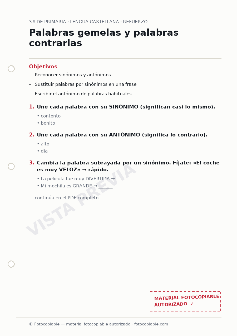 Vista previa de la ficha «Palabras gemelas y palabras contrarias»