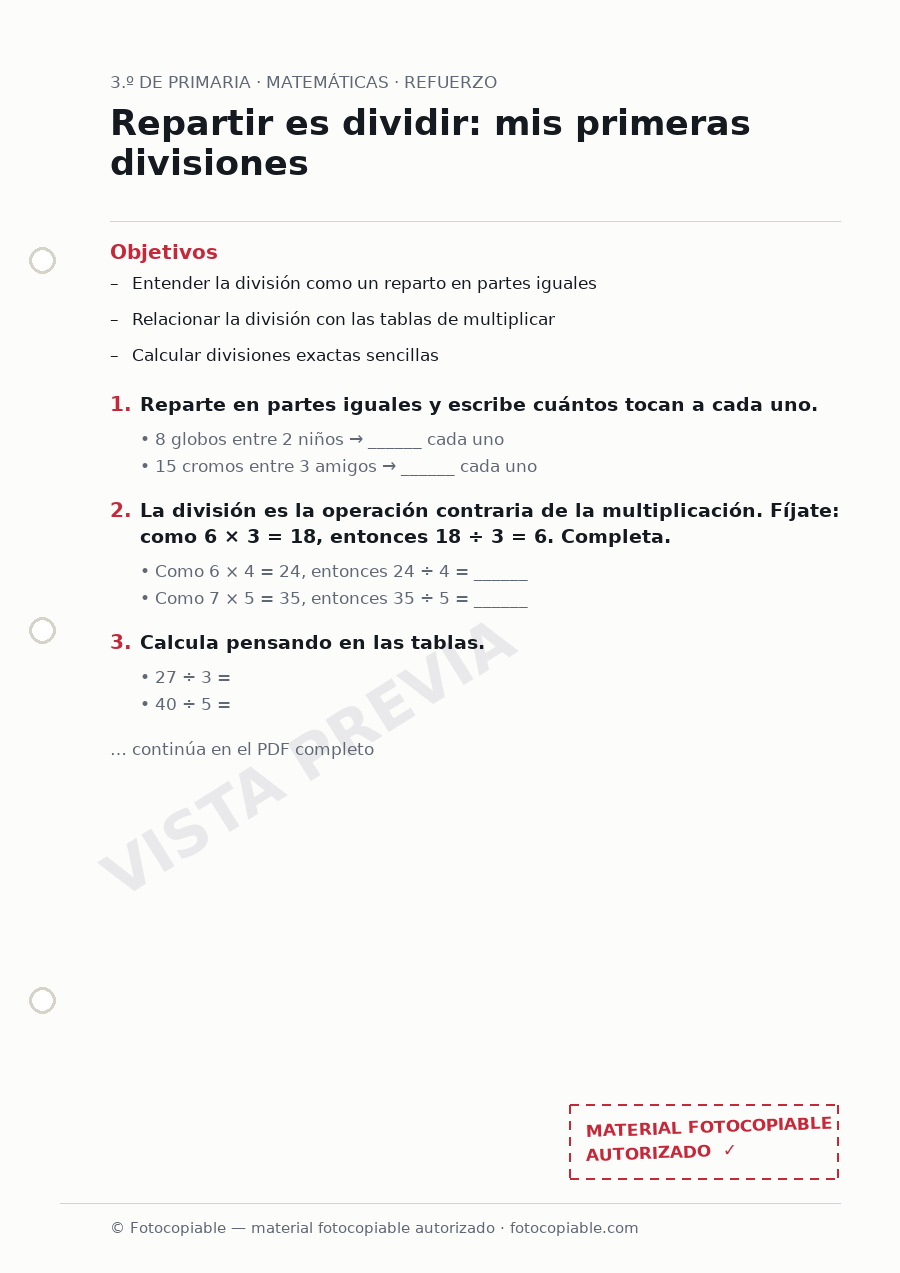 Vista previa de la ficha «Repartir es dividir: mis primeras divisiones»