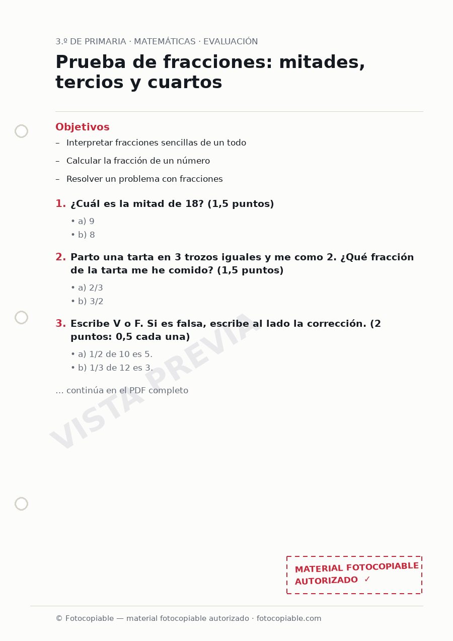 Vista previa de la ficha «Prueba de fracciones: mitades, tercios y cuartos»