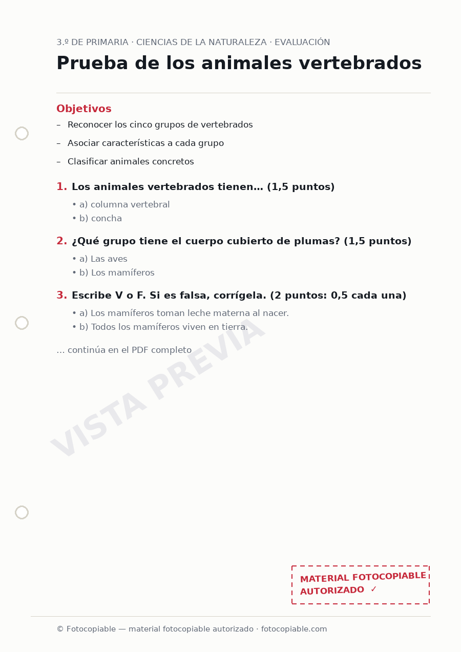Vista previa de la ficha «Prueba de los animales vertebrados»