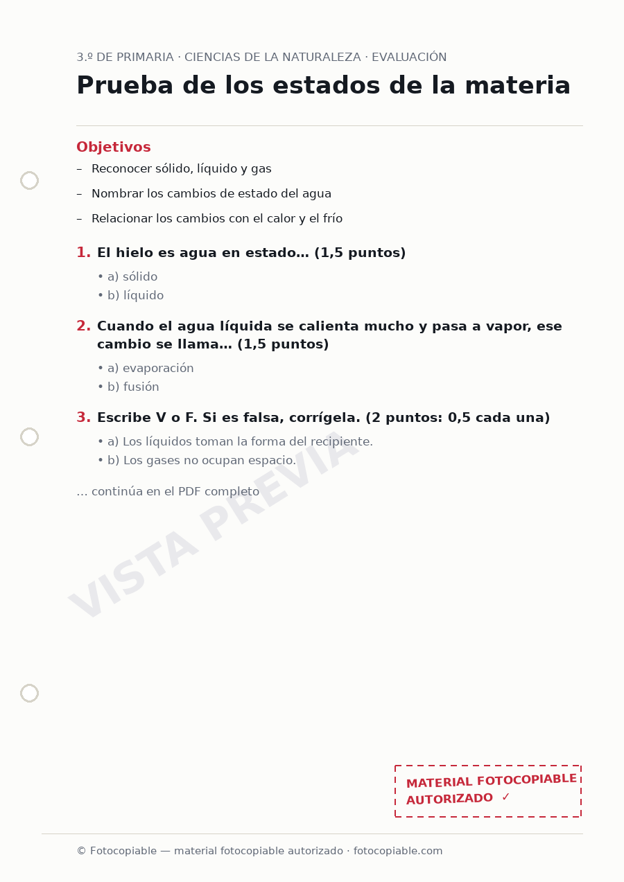 Vista previa de la ficha «Prueba de los estados de la materia»