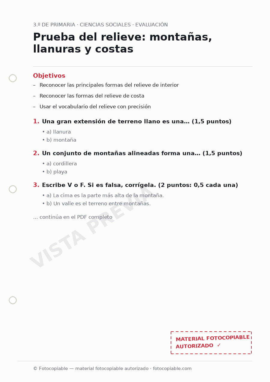 Vista previa de la ficha «Prueba del relieve: montañas, llanuras y costas»