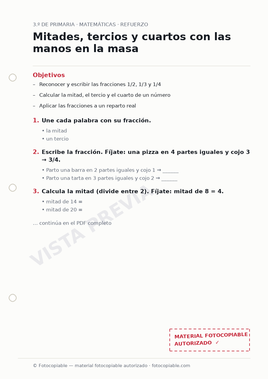 Vista previa de la ficha «Mitades, tercios y cuartos con las manos en la masa»