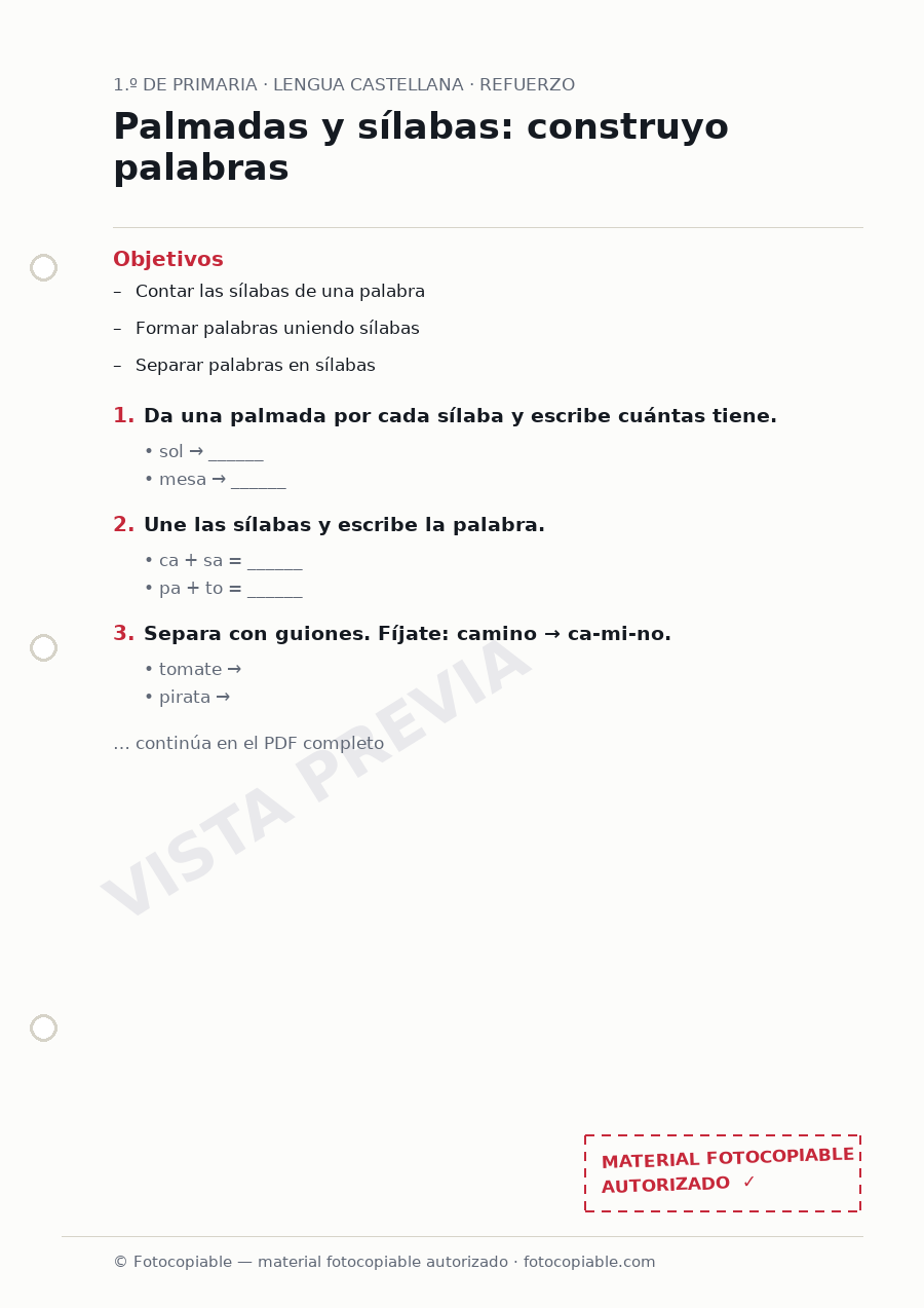 Vista previa de la ficha «Palmadas y sílabas: construyo palabras»