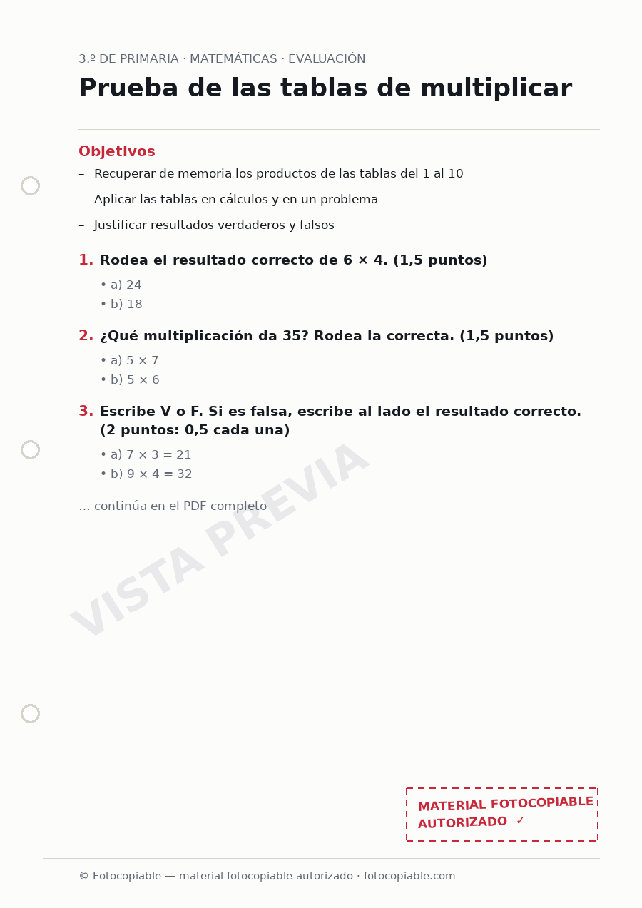 Vista previa de la ficha «Prueba de las tablas de multiplicar»