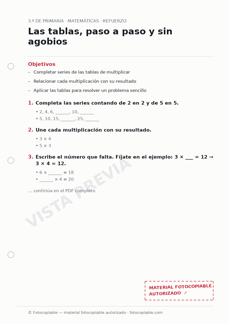 Vista previa de la ficha «Las tablas, paso a paso y sin agobios»