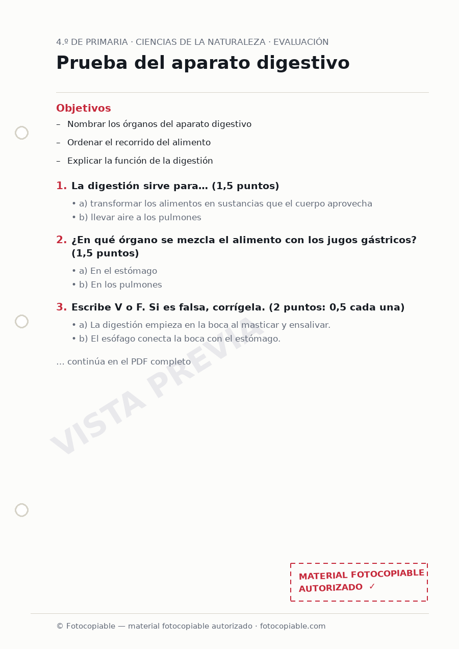 Vista previa de la ficha «Prueba del aparato digestivo»