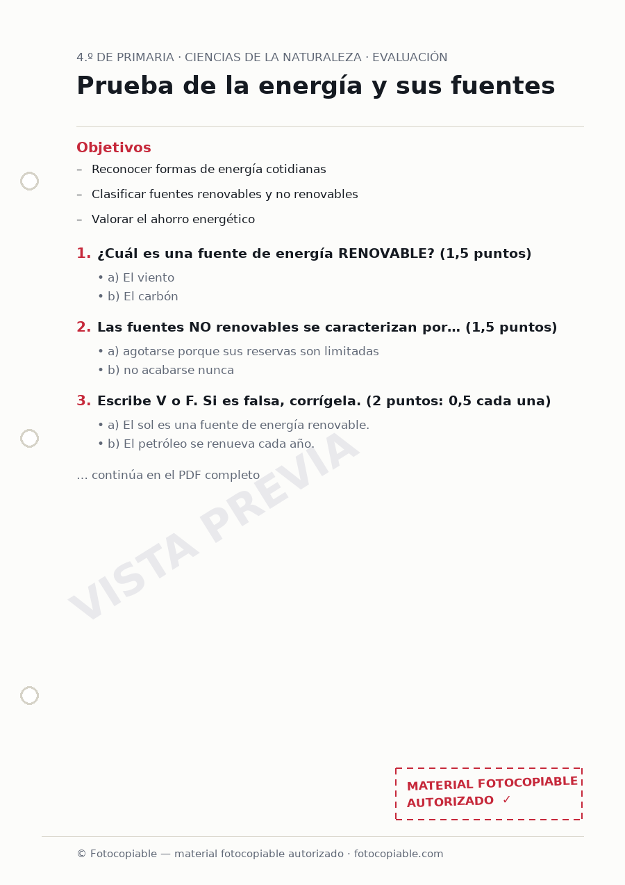 Vista previa de la ficha «Prueba de la energía y sus fuentes»