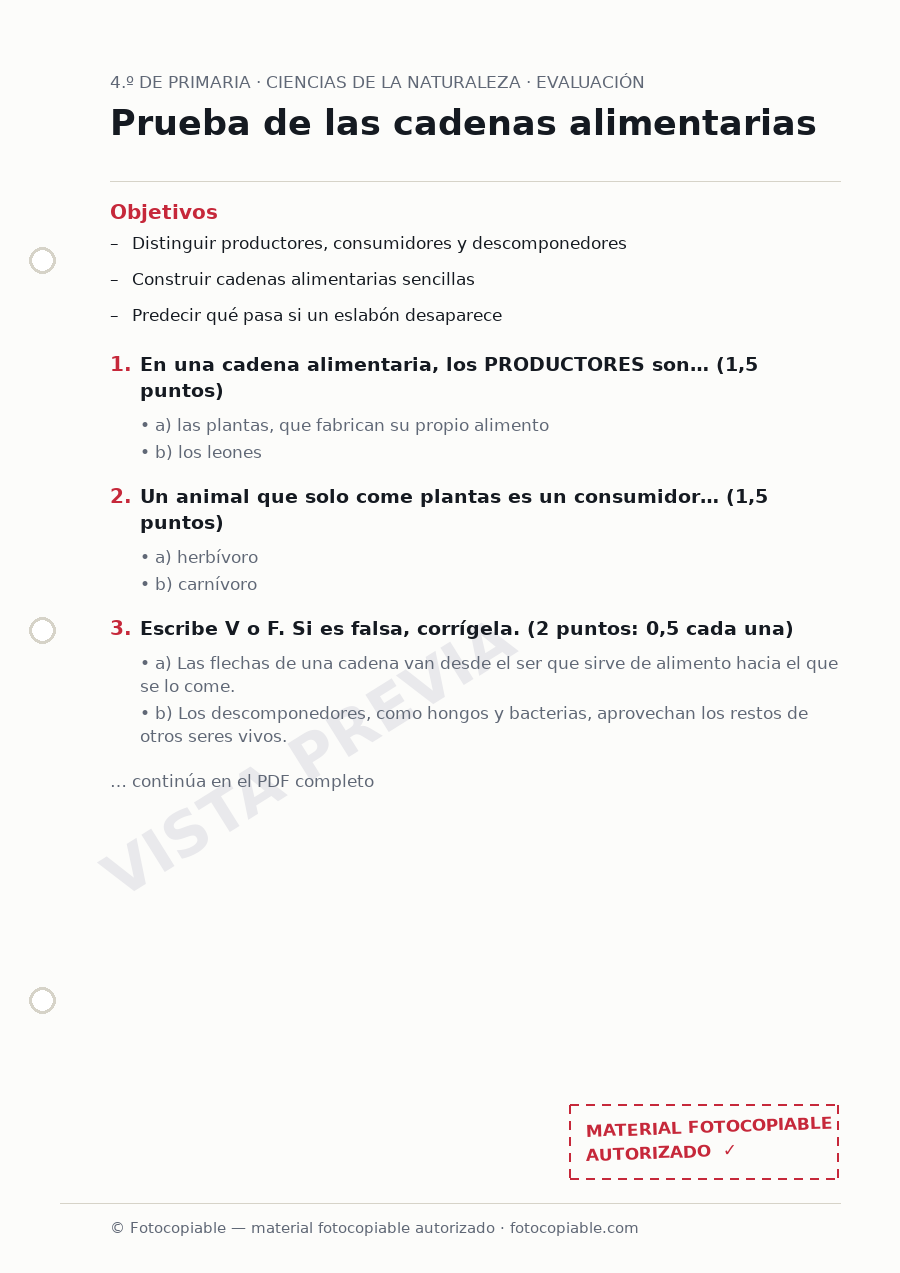 Vista previa de la ficha «Prueba de las cadenas alimentarias»