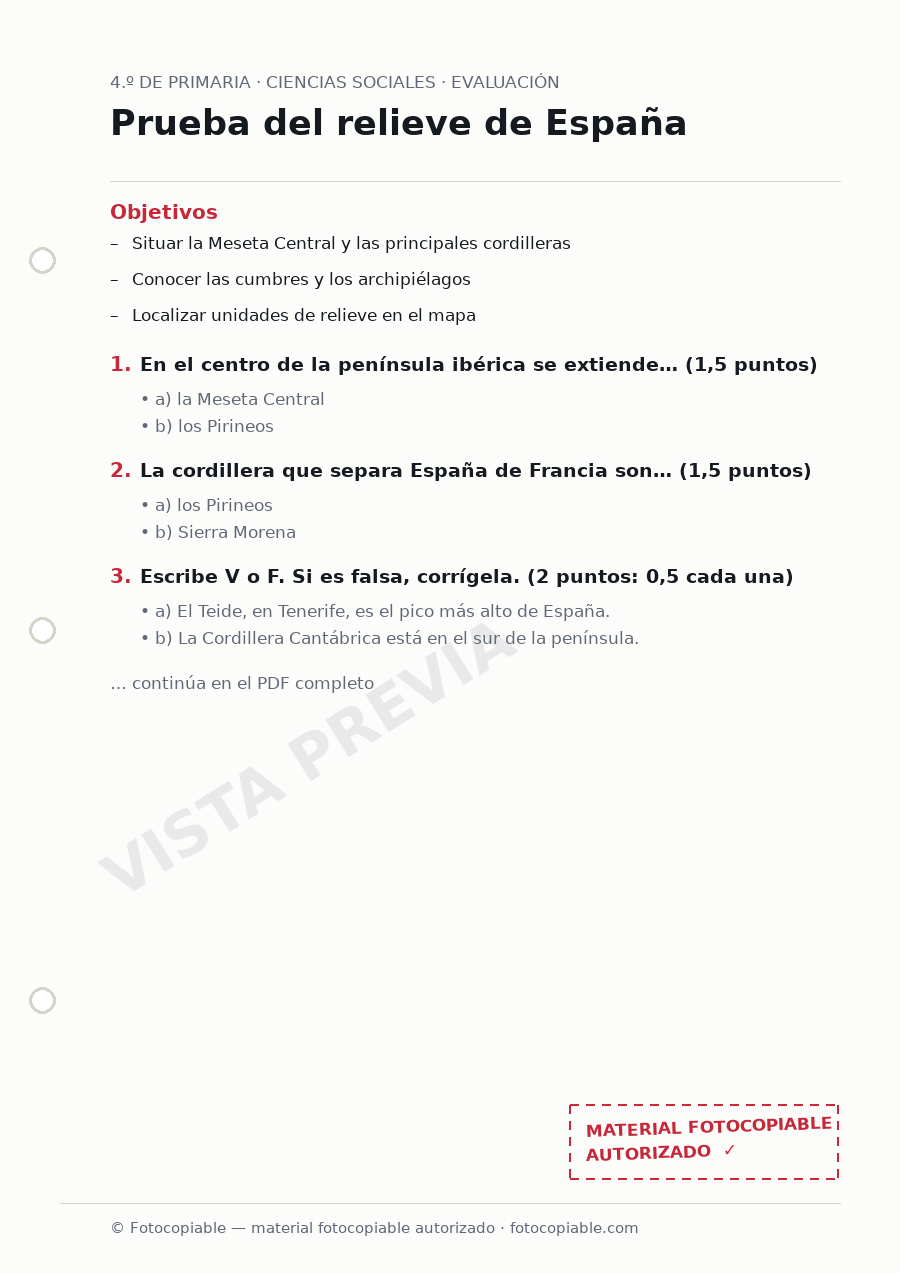 Vista previa de la ficha «Prueba del relieve de España»