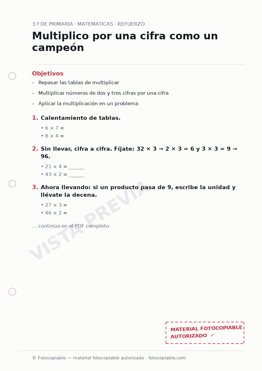 Vista previa de la ficha «Multiplico por una cifra como un campeón»