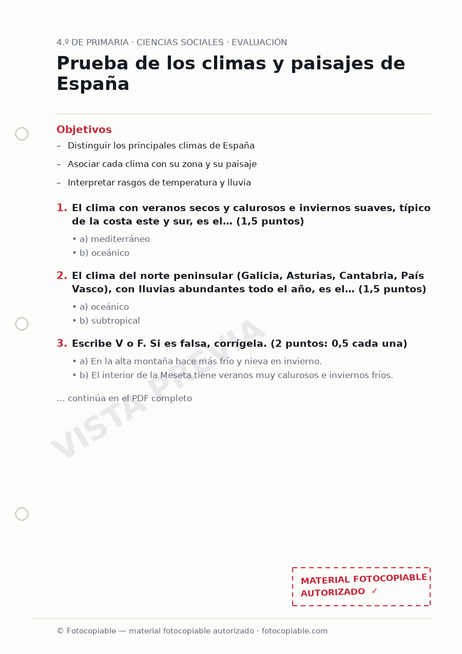 Vista previa de la ficha «Prueba de los climas y paisajes de España»