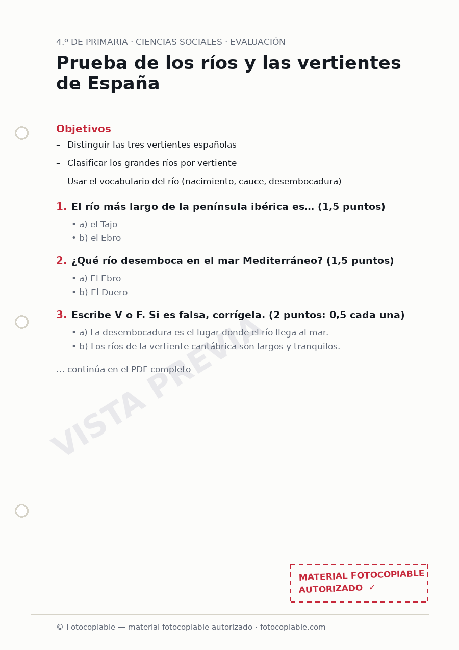 Vista previa de la ficha «Prueba de los ríos y las vertientes de España»