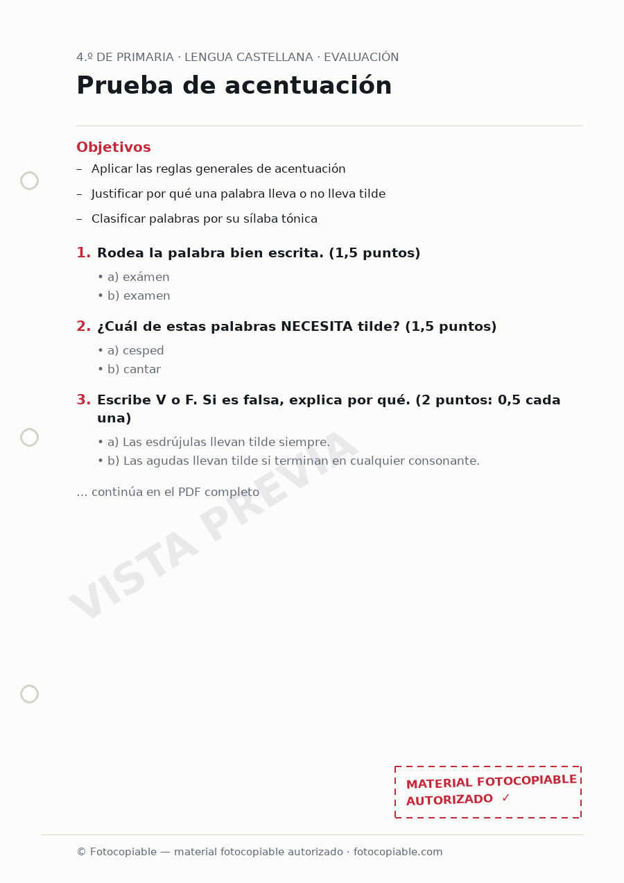 Vista previa de la ficha «Prueba de acentuación»