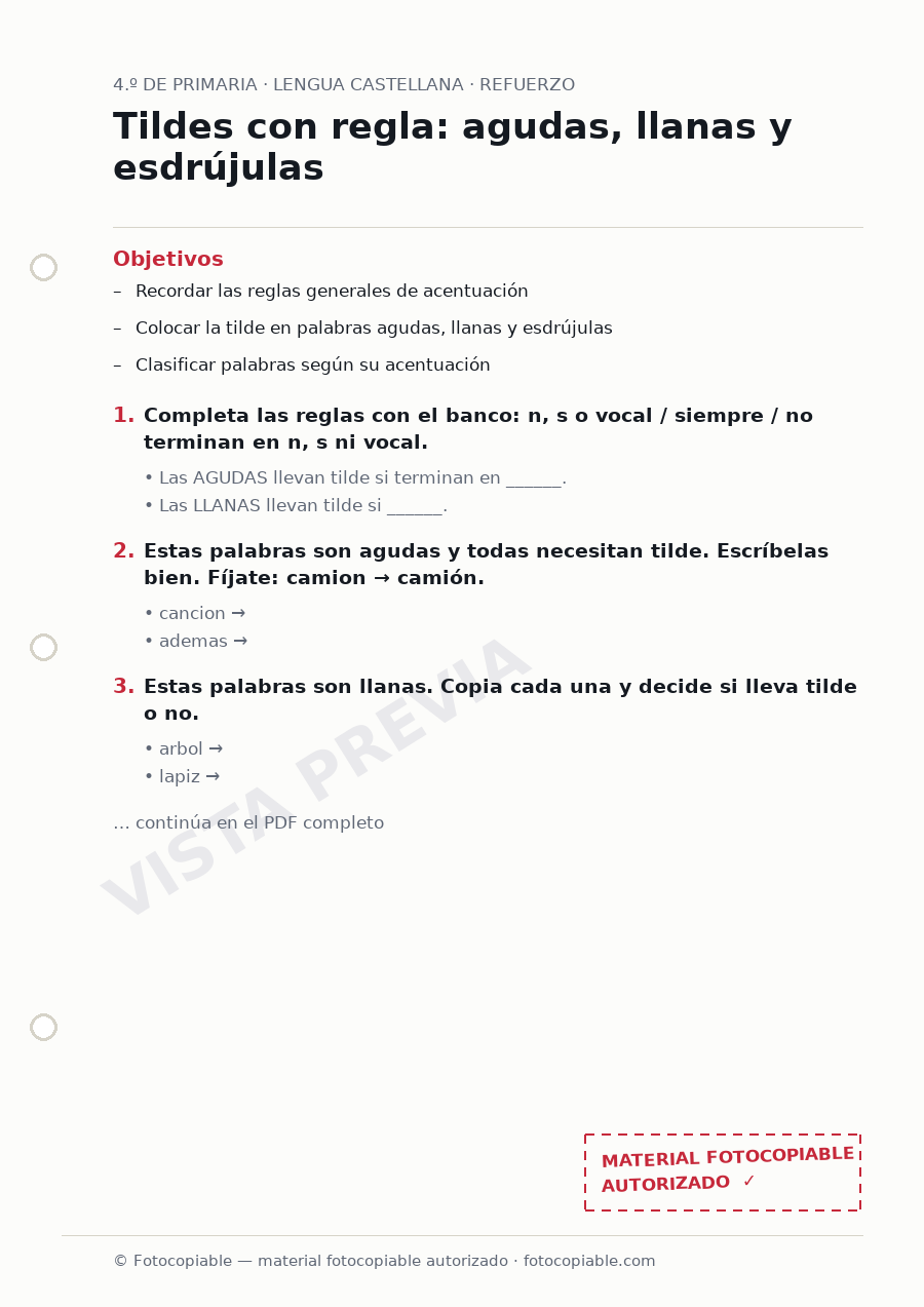 Vista previa de la ficha «Tildes con regla: agudas, llanas y esdrújulas»