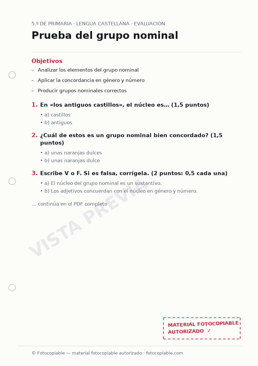 Vista previa de la ficha «Prueba del grupo nominal»