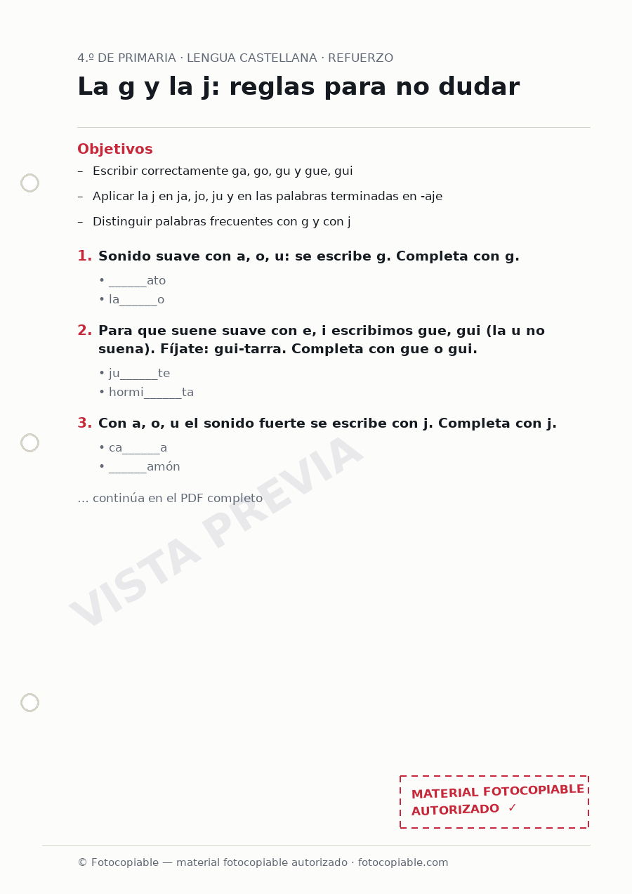 Vista previa de la ficha «La g y la j: reglas para no dudar»