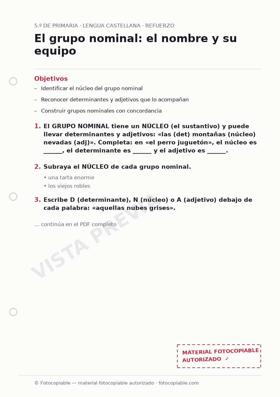 Vista previa de la ficha «El grupo nominal: el nombre y su equipo»