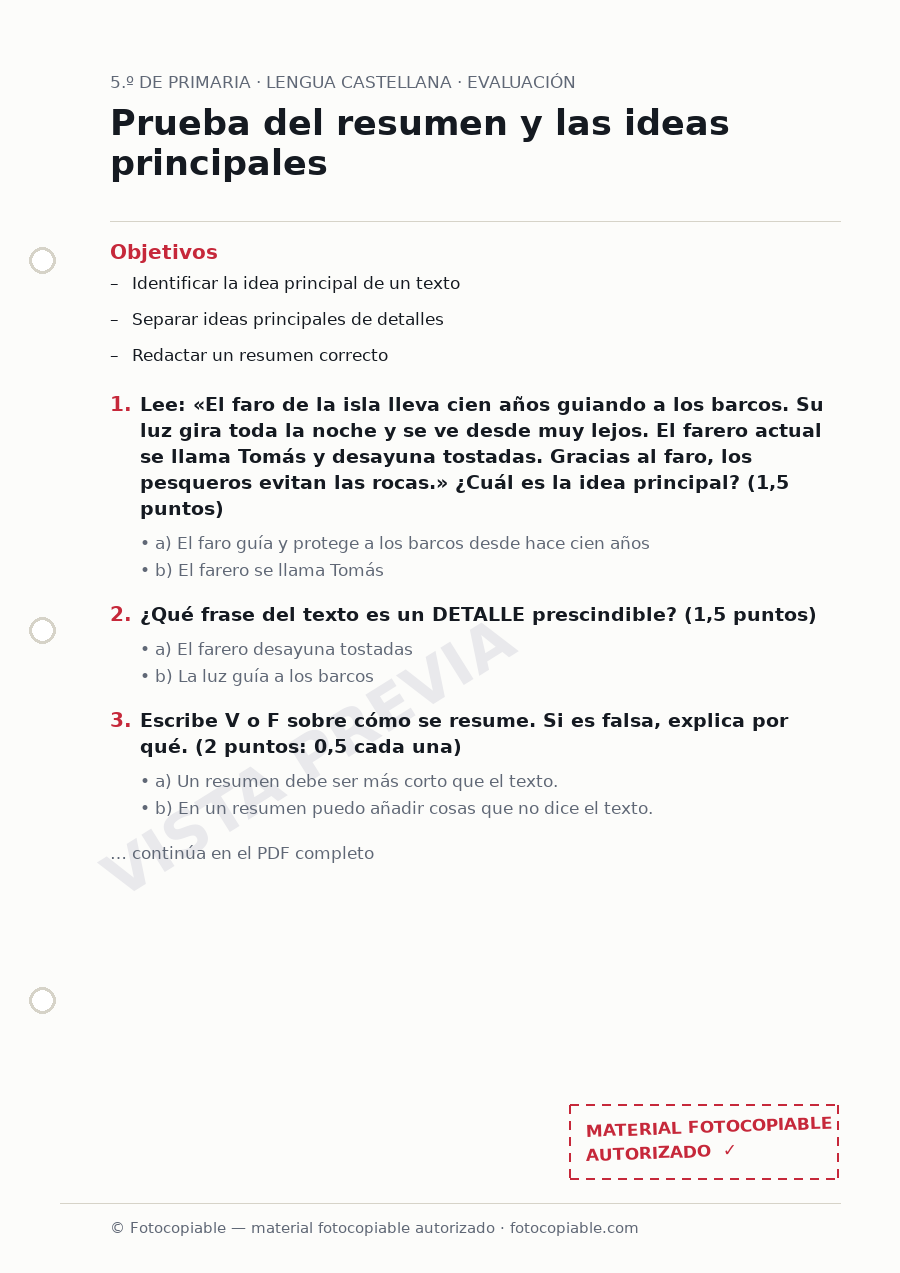 Vista previa de la ficha «Prueba del resumen y las ideas principales»