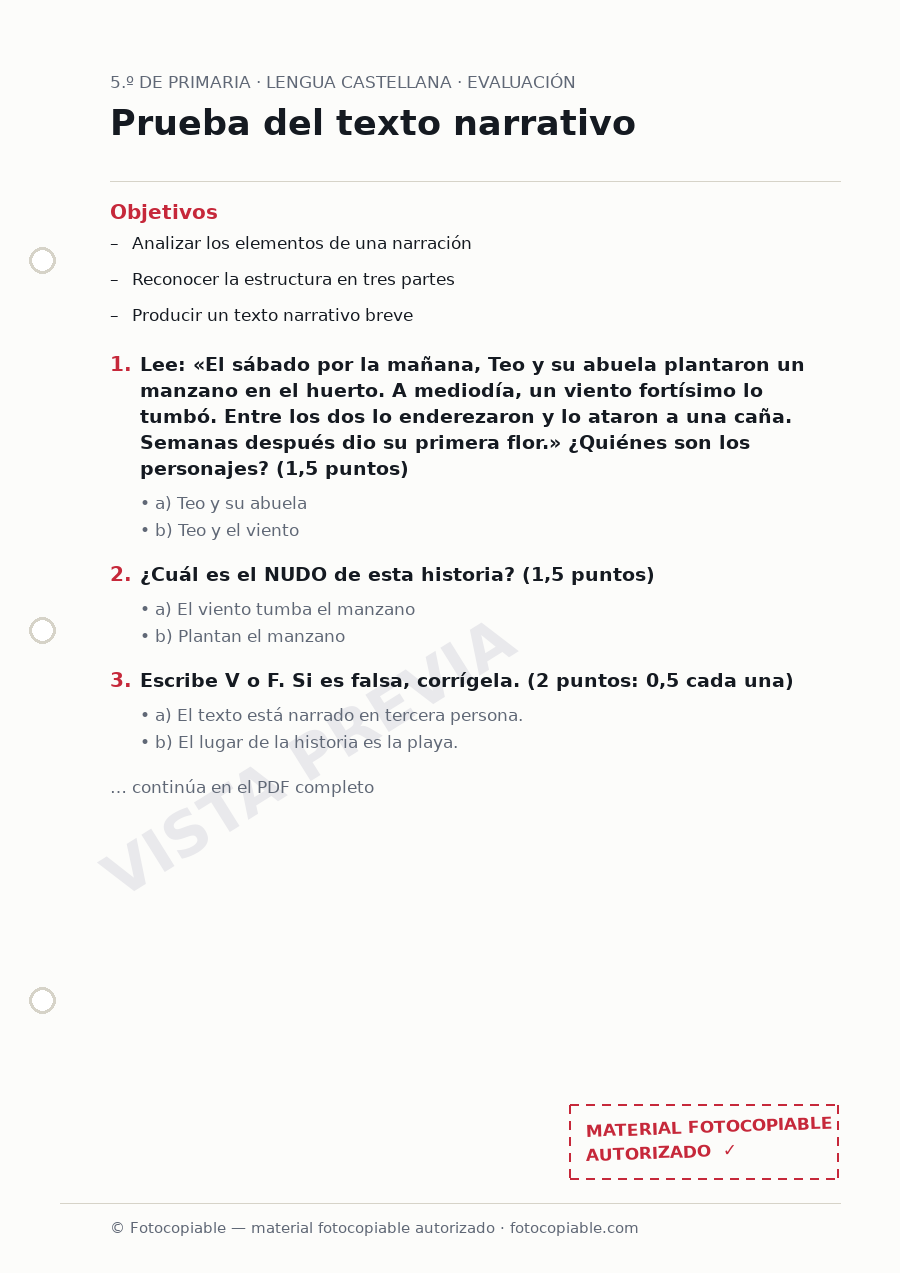 Vista previa de la ficha «Prueba del texto narrativo»