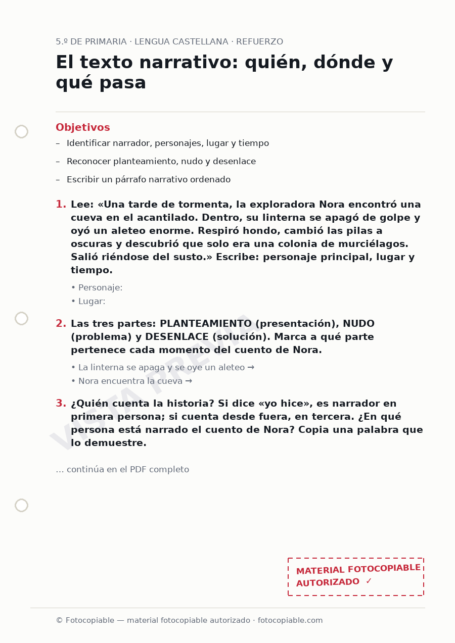 Vista previa de la ficha «El texto narrativo: quién, dónde y qué pasa»