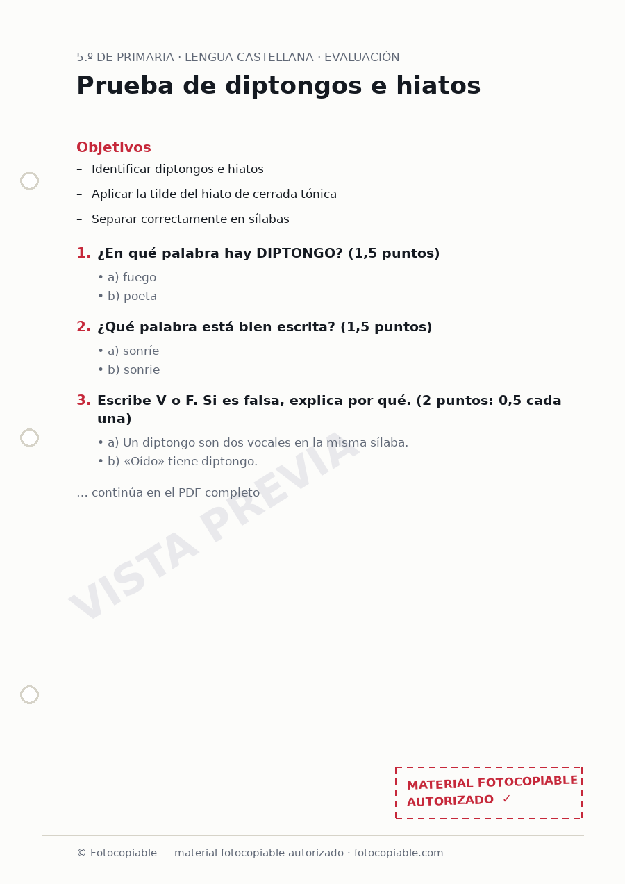 Vista previa de la ficha «Prueba de diptongos e hiatos»