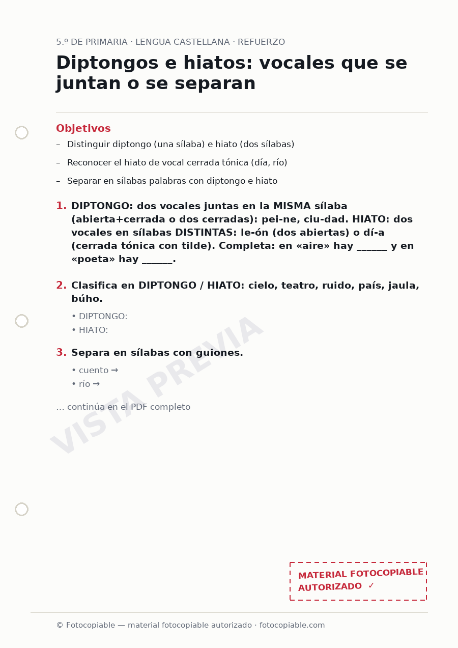 Vista previa de la ficha «Diptongos e hiatos: vocales que se juntan o se separan»